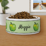 Green Cartoon Apple Fruits With Custom Pet Name Bowl<br><div class="desc">Destei's green cartoon apples on a light green background color. There is also a personalizable text area for a name in black color font. The top and bottom have a thin black border as well.</div>
