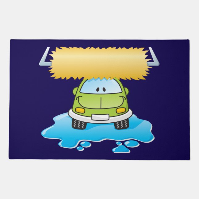 Green Cartoon Car Wash Happy Little Car Doormat (Front)
