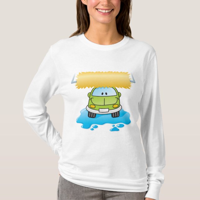Green Cartoon Car Wash Happy Little Car T-Shirt (Front)