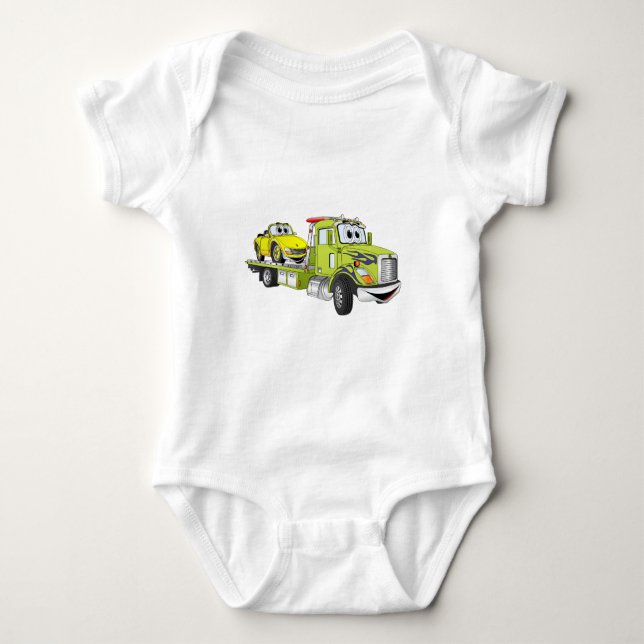 Green Cartoon Flatbed Tow Truck Baby Bodysuit (Front)
