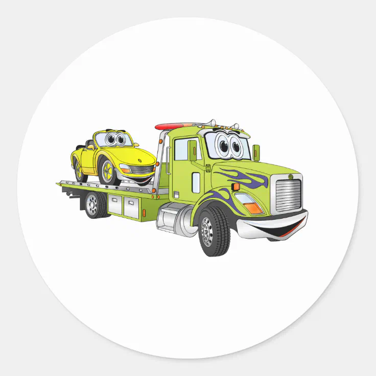 Green Cartoon Flatbed Tow Truck Classic Round Sticker | Zazzle