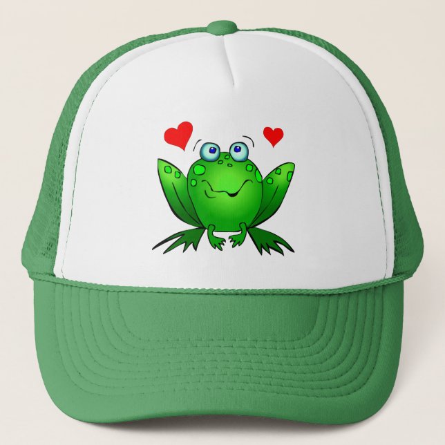 Green Cartoon Frog Cute Smile Hearts Trucker Hat (Front)