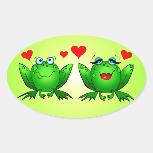 Green Cartoon Frogs Cute Red Love Hearts Oval Sticker