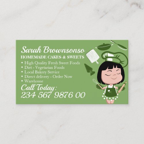 Green Cartoon Girl Bakery Cake Pastry Cooking Business Card
