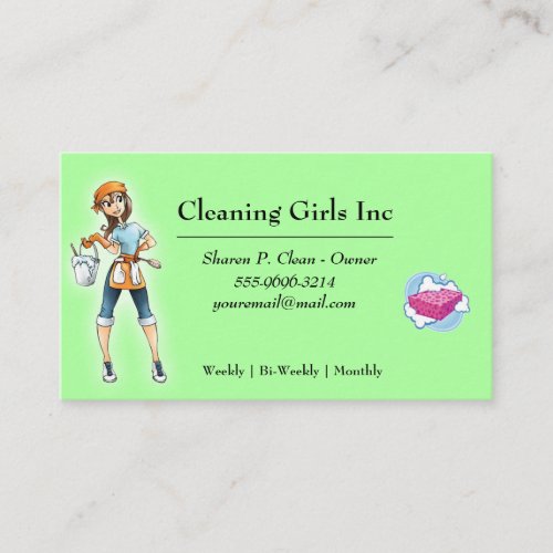Green Cartoon Girl House Cleaning Service Business Card
