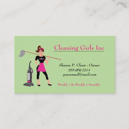 Green Cartoon Girl With Mop House Cleaning Service Business Card
