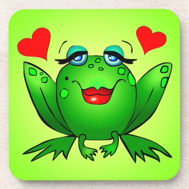 Green Cartoon Happy Lady Frog Drink Coaster (Front)
