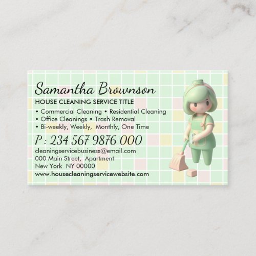 Green Cartoon Janitorial Lady Cleaning Appointment Business Card