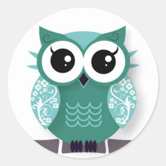 Green cartoon owl classic round sticker