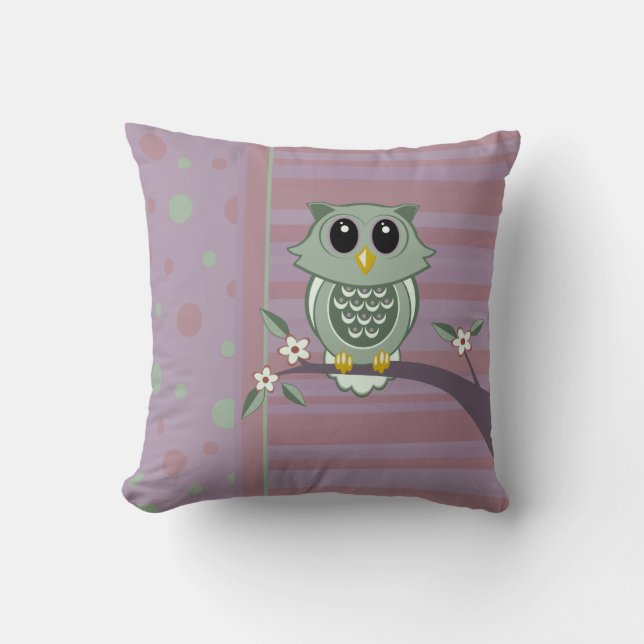 Green Cartoon Owl, polka dots and stripe pattern Throw Pillow (Front)
