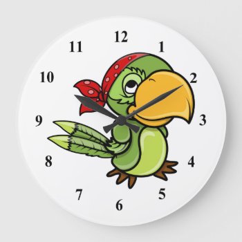 Green Cartoon Pirate Parrot Large Clock by GroovyFinds at Zazzle