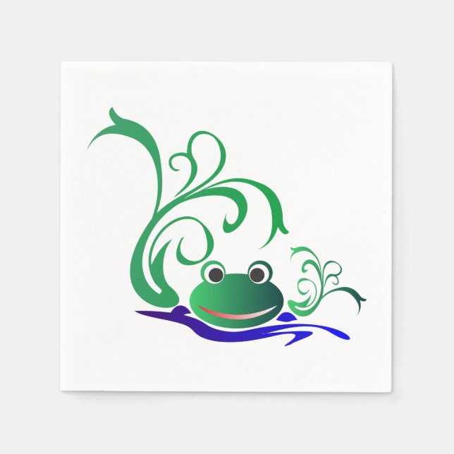 Green Cartoon Smiling Frog Face over water Paper Napkins (Front)