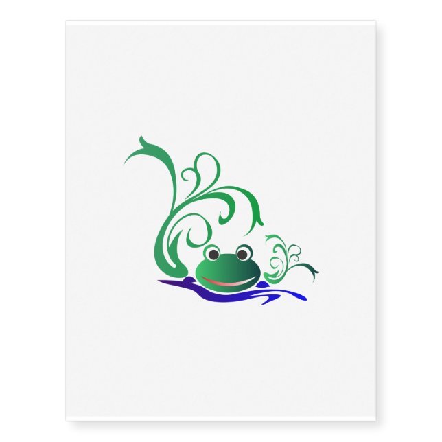 Green Cartoon Smiling Frog Face over water Temporary Tattoos (Front)
