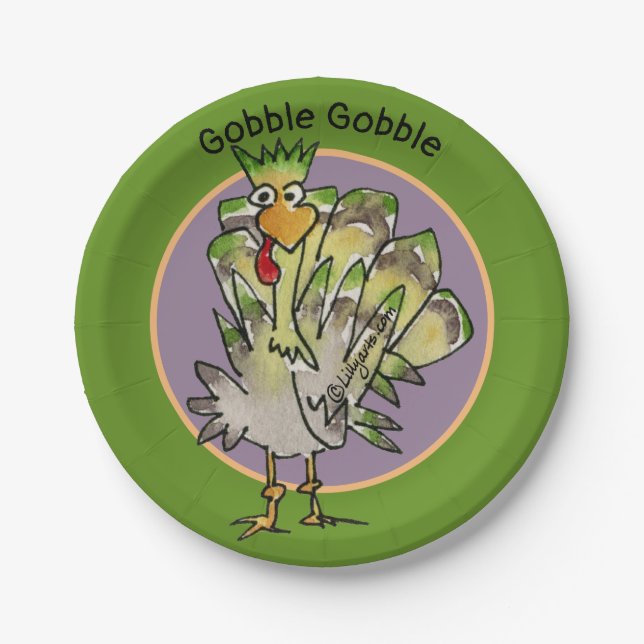 Green Cartoon Turkey Gobble Paper Plates (Front)