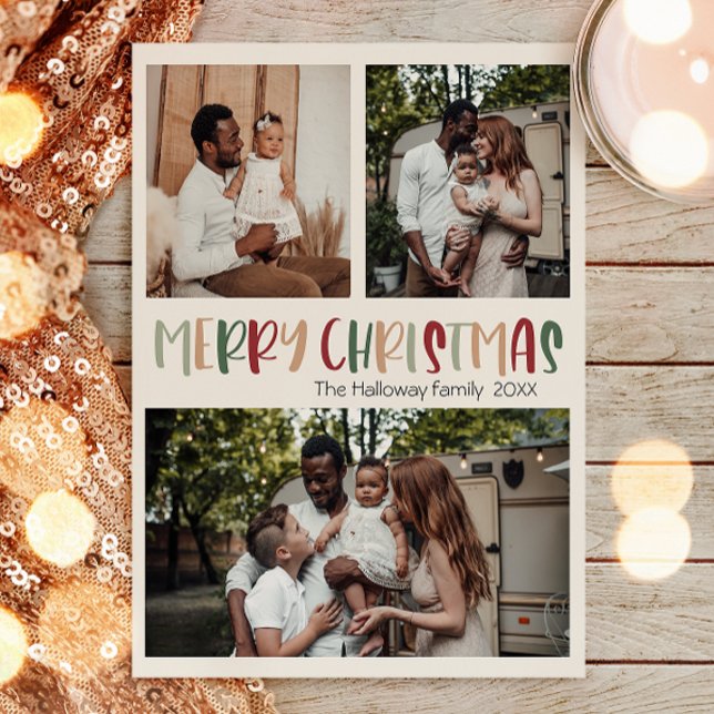 Green Casual Colorful Christmas Bold Three Photo Holiday Postcard (Creator Uploaded)