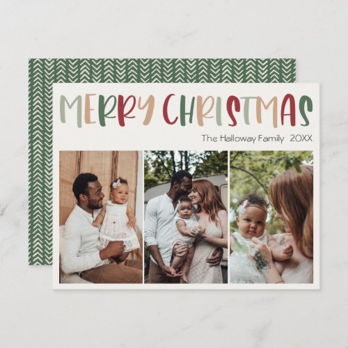 Green Casual Colorful Christmas Three Photo Holiday Card