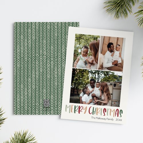 Green Casual Colorful Christmas Vertical 3 Photo Holiday Card
