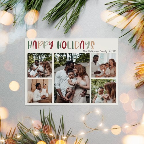 Green Casual Colorful Happy Holidays Five Photo Holiday Card