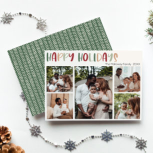 Green Casual Colorful Happy Holidays Three Photo Holiday Card
