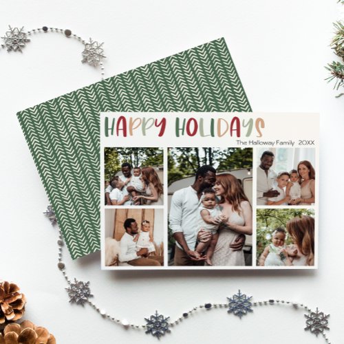 Green Casual Colorful Happy Holidays Three Photo Holiday Card