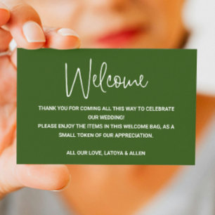 Green Casual Script Wedding Welcome Gift Basket Place Card