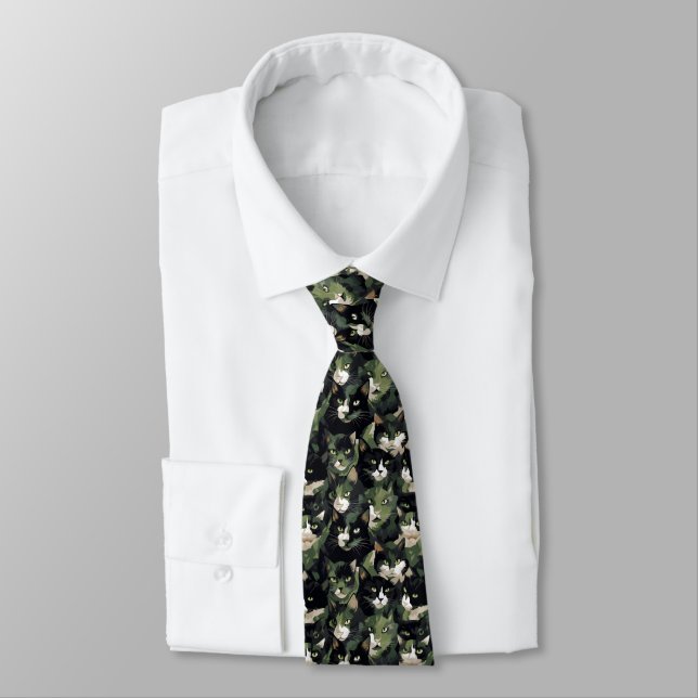 Green Cat Camouflage Neck Tie (Tied)