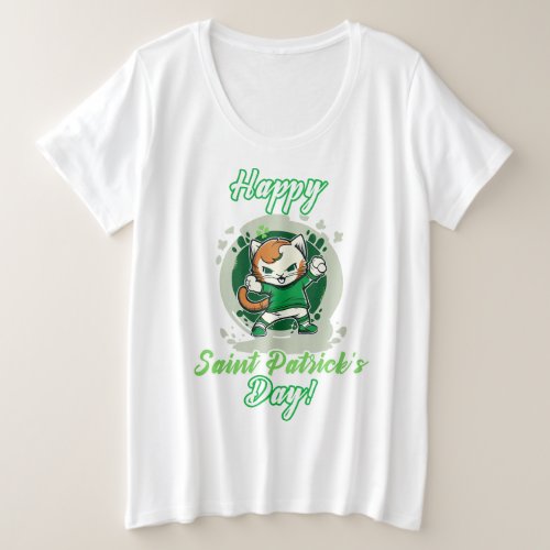 Green Cat Happy Plus Size St Patricks Day Plus Size T_Shirt