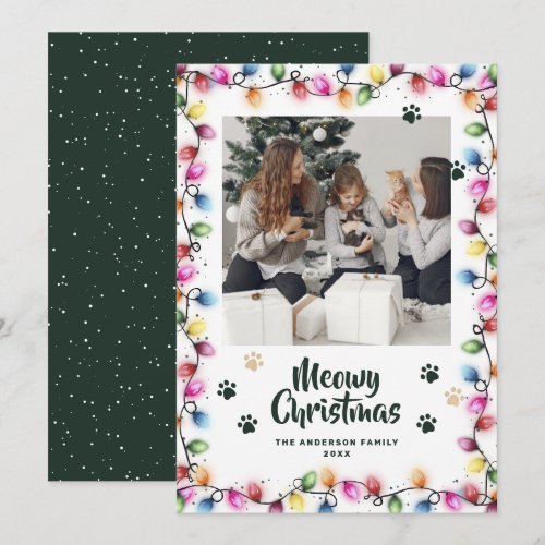 Green Cat Paws Christmas Lights Photo Meowy Holiday Card
