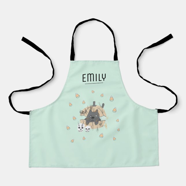 Green Cat Pumpkin Skulls Candy Corn Kids Halloween Apron (Front)