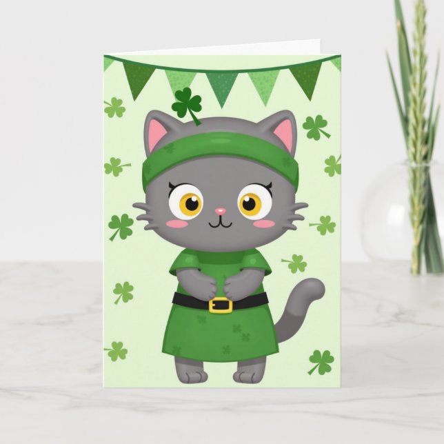 Green Cat Shamrock Pattern Card (Front)