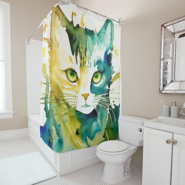Green Cat Shower Curtain (In Situ)
