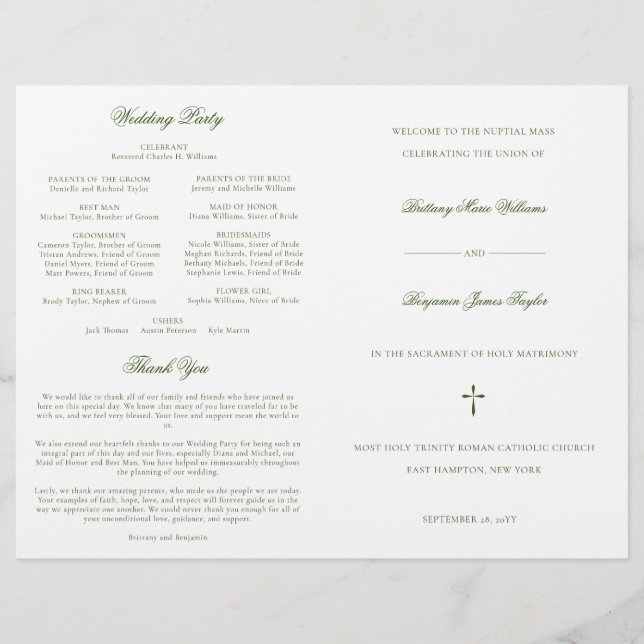 Green Catholic Wedding Mass Ceremony Program (Front)