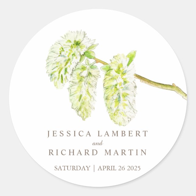 Green catkins spring flower wedding sticker (Front)