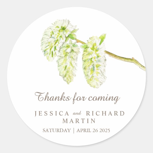 Green catkins spring thank you wedding sticker (Front)