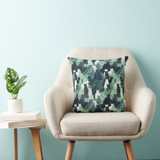 Green Cats Camouflage Pattern Throw Pillow (Chair)