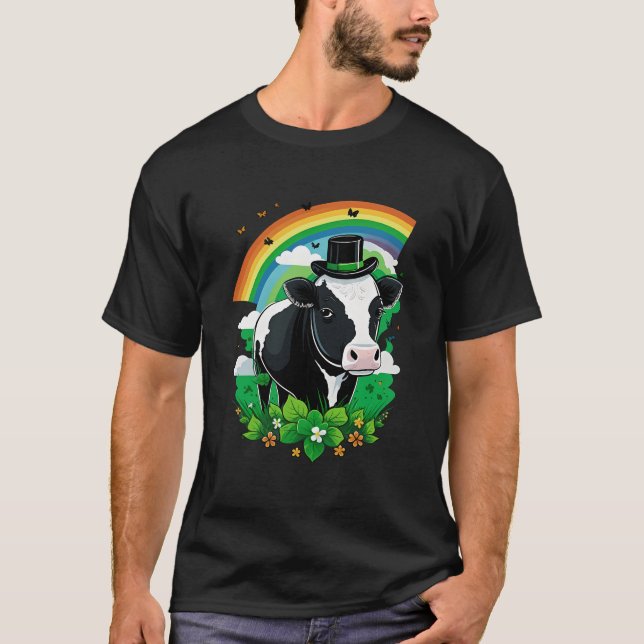 Green Cattle Shamrock On St Patricks Day Cow T-Shirt (Front)