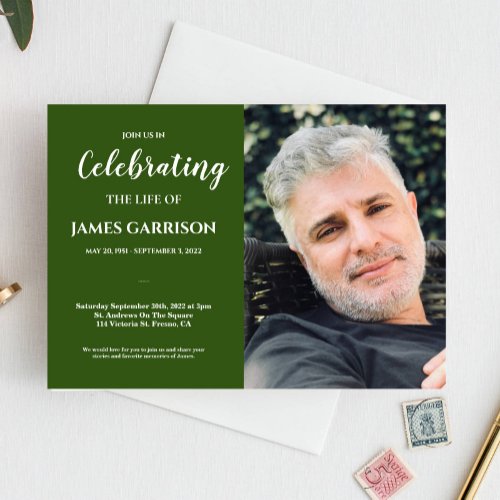 Green Celebration of Life With Photo Funeral Invitation