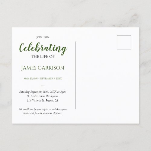 Green Celebration of Life With Photo Memorial Postcard