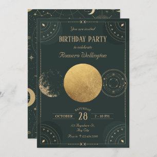 Green celestial Moon mystical birthday Invitation