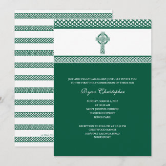 Green Celtic Cross First Holy Communion Invitation