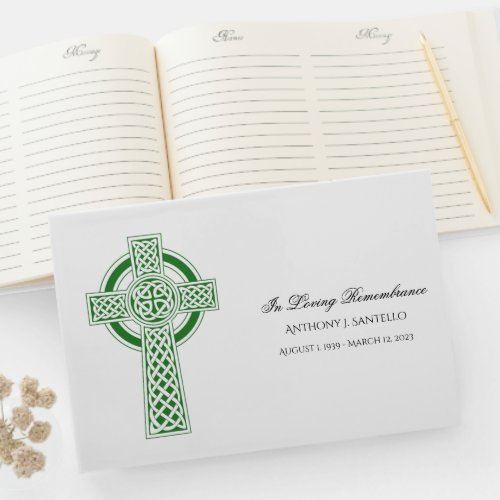 Green Celtic Cross Irish Memorial Funeral Guest Book