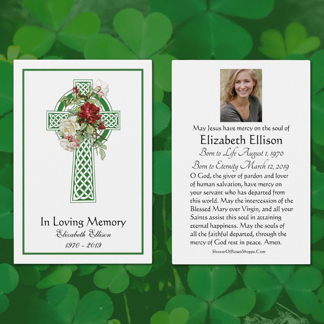 Green Celtic Cross Roses Funeral Memorial Prayer  (Green Celtic Cross Funeral Memorial Prayer Cards with roses)