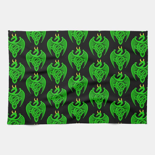 Green Celtic Dragon Kitchen Towel (Horizontal)