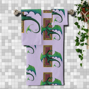 Green Celtic Dragon Purple Fantasy Knotwork Bath Towel Set