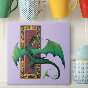 Green Celtic Dragon Purple Fantasy Knotwork Ceramic Tile