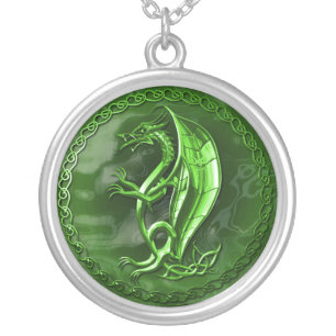Green Celtic Dragon Silver Plated Necklace