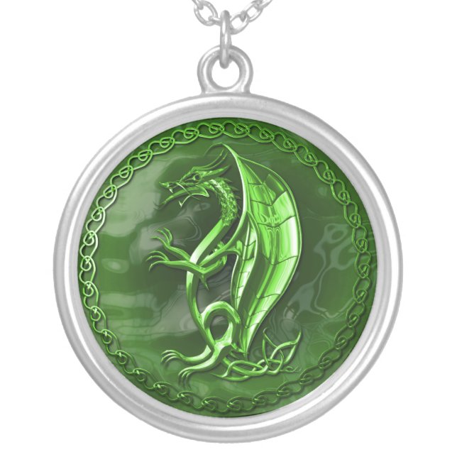 Green Celtic Dragon Silver Plated Necklace (Front)