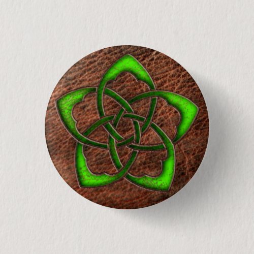 Green celtic flower knot on leather pinback button