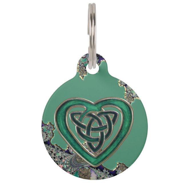Green Celtic Heart On Mystical Fractal Pet Tag (Front)