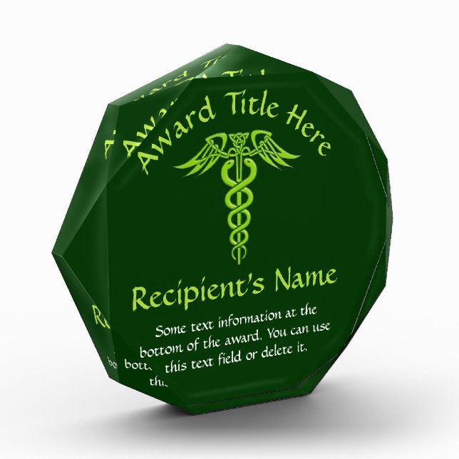 Green Celtic Knot Caduceus Acrylic Award (Left)